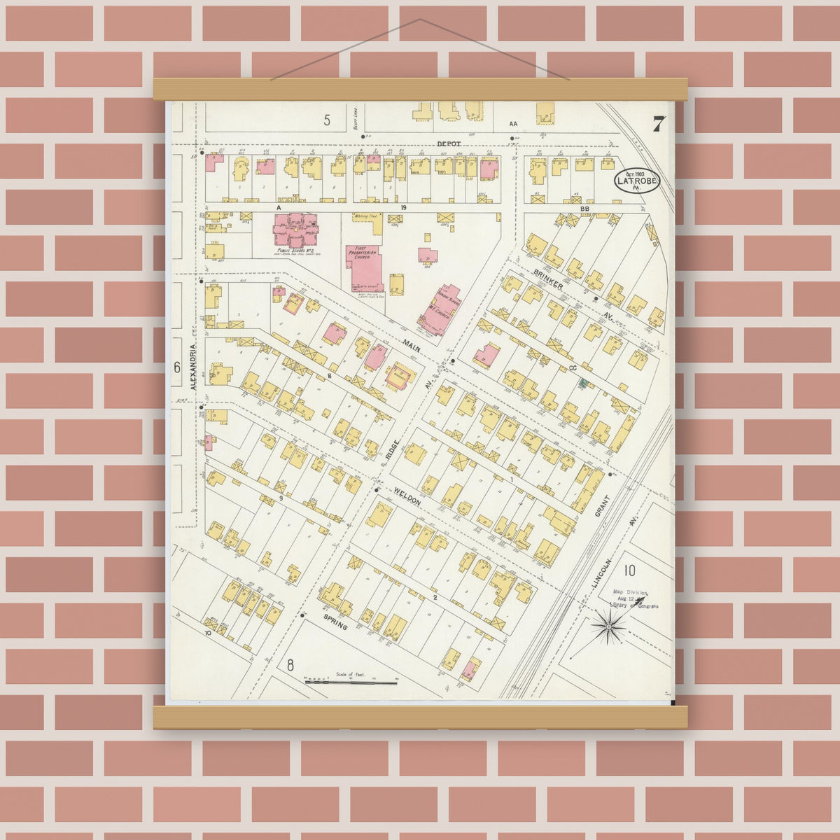 Old map wall art mockup — magnetic wood frame on brick wall — Sanborn Fire Insurance Map from Latrobe, Westmoreland County, Pennsylvania (1903), Sheet #0007