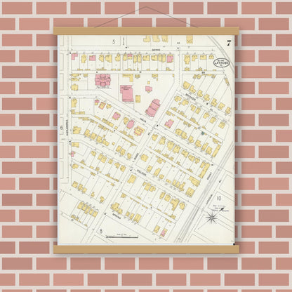 Old map wall art mockup — magnetic wood frame on brick wall — Sanborn Fire Insurance Map from Latrobe, Westmoreland County, Pennsylvania (1903), Sheet #0007