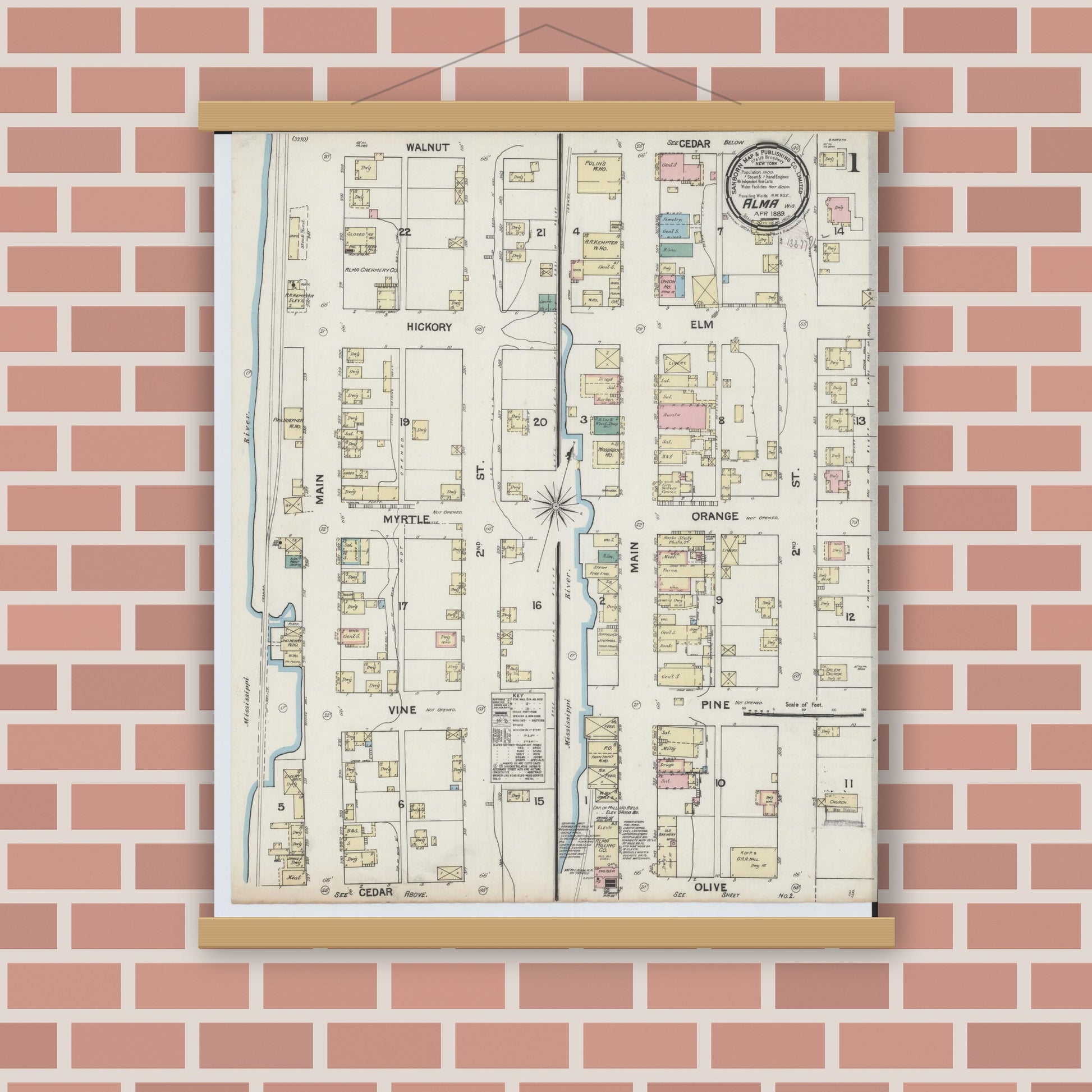 Old map wall art mockup — magnetic wood frame on brick wall — Sanborn Fire Insurance Map from Alma, Buffalo County, Wisconsin (1889), Sheet #0001