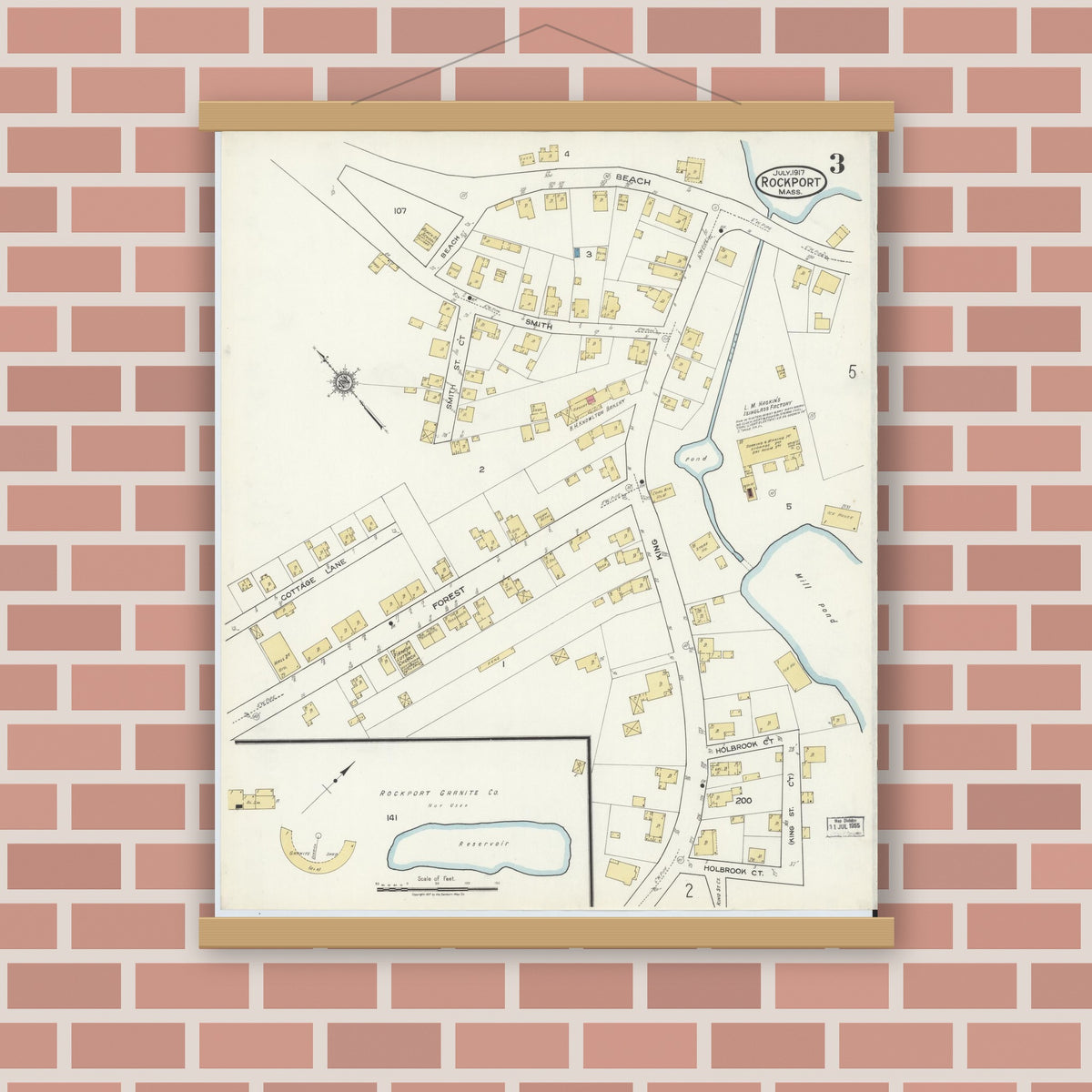 Old map wall art mockup — magnetic wood frame on brick wall — Sanborn Fire Insurance Map from Rockport, Essex County, Massachusetts (1917), Sheet #0003