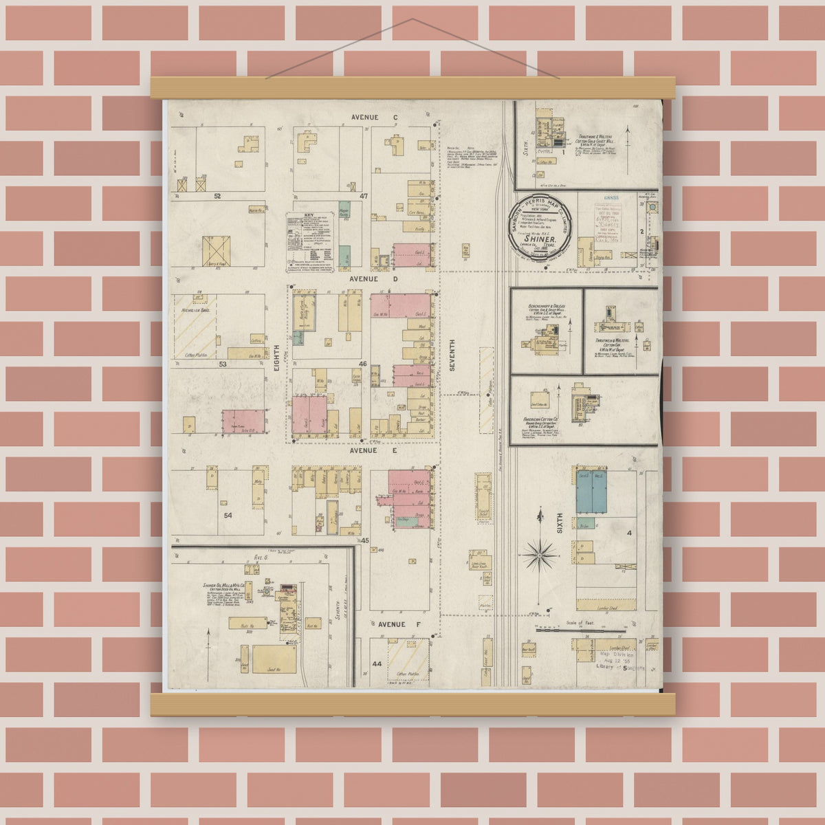 Old map wall art mockup — magnetic wood frame on brick wall — Sanborn Fire Insurance Map from Shiner, Lavaca County, Texas (1900), Sheet #0001