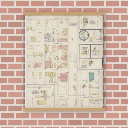 Old map wall art mockup — magnetic wood frame on brick wall — Sanborn Fire Insurance Map from Shiner, Lavaca County, Texas (1900), Sheet #0001