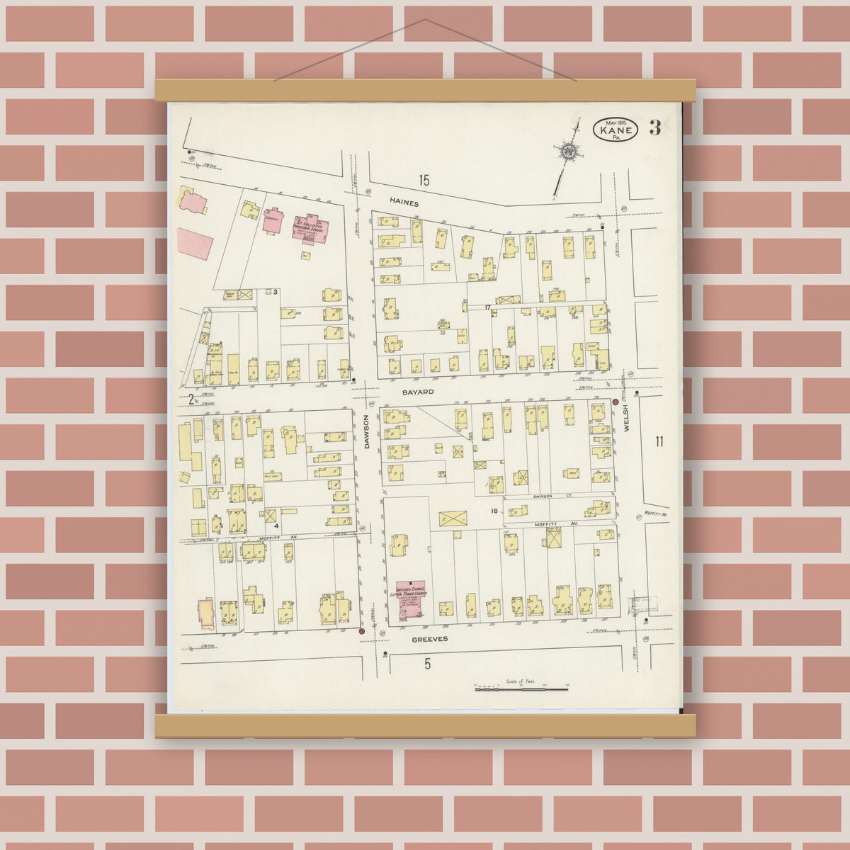 Old map wall art mockup — magnetic wood frame on brick wall — Sanborn Fire Insurance Map from Kane, McKean County, Pennsylvania (1915), Sheet #0003