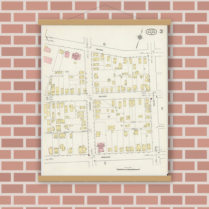 Old map wall art mockup — magnetic wood frame on brick wall — Sanborn Fire Insurance Map from Kane, McKean County, Pennsylvania (1915), Sheet #0003