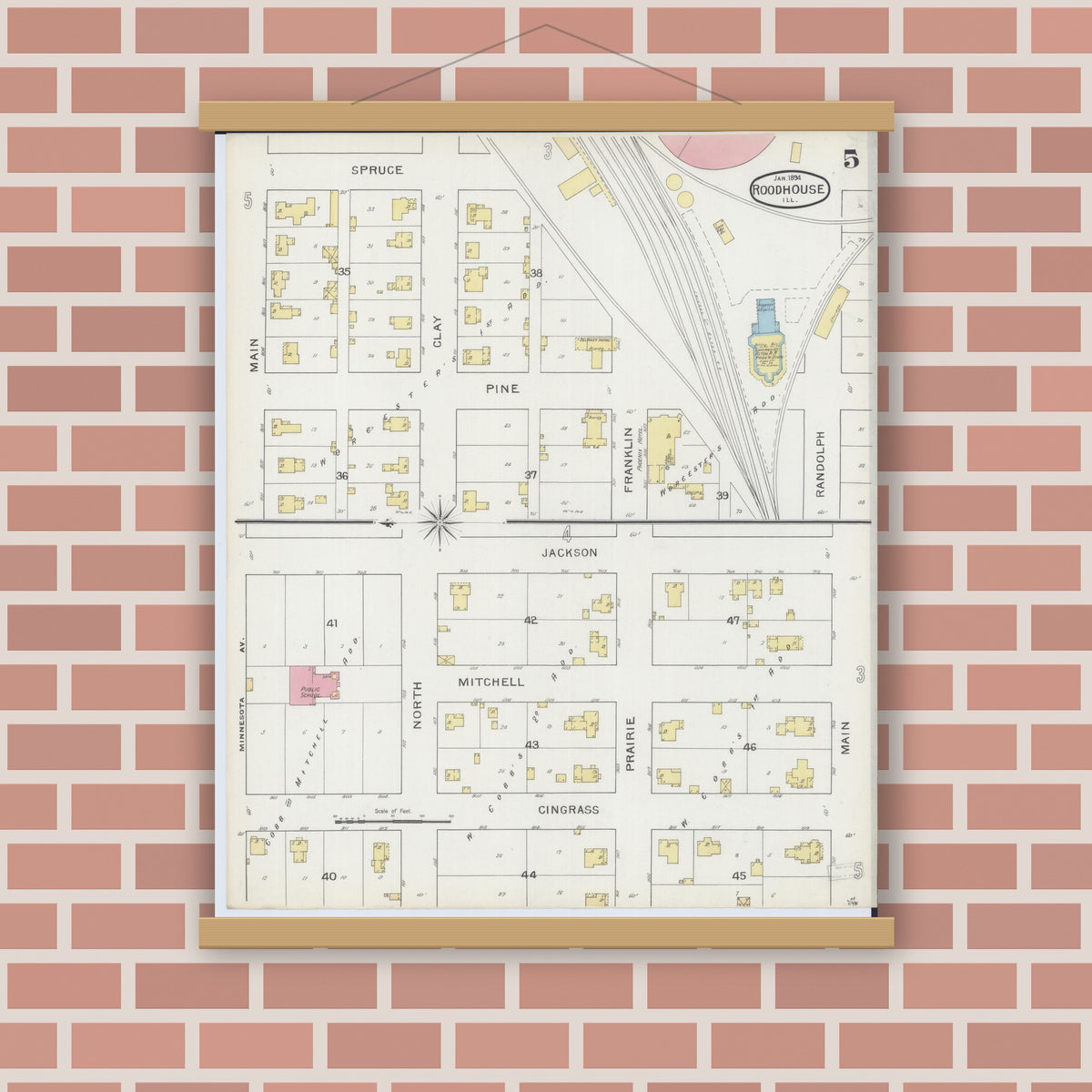 Old map wall art mockup — magnetic wood frame on brick wall — Sanborn Fire Insurance Map from Roodhouse, Greene County, Illinois (1894), Sheet #0005
