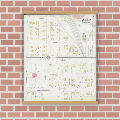 Old map wall art mockup — magnetic wood frame on brick wall — Sanborn Fire Insurance Map from Roodhouse, Greene County, Illinois (1894), Sheet #0005