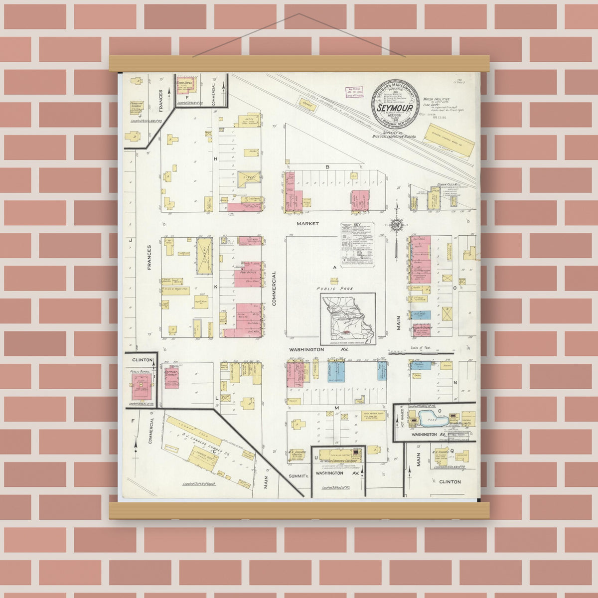 Old map wall art mockup — magnetic wood frame on brick wall — Sanborn Fire Insurance Map from Seymour, Webster County, Missouri (1916), Sheet #0001