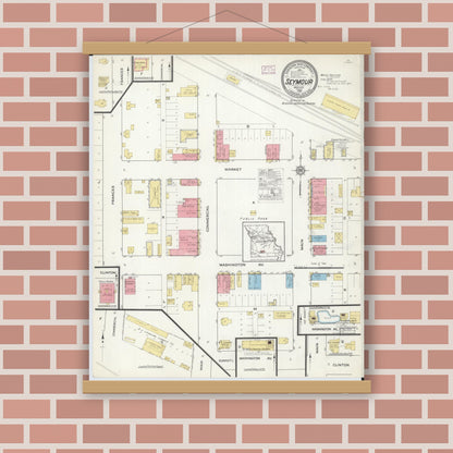 Old map wall art mockup — magnetic wood frame on brick wall — Sanborn Fire Insurance Map from Seymour, Webster County, Missouri (1916), Sheet #0001