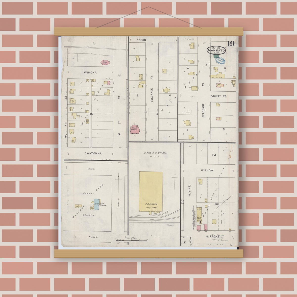 Old map wall art mockup — magnetic wood frame on brick wall — Sanborn Fire Insurance Map from Mankato, Blue Earth County, Minnesota (1894), Sheet #0019