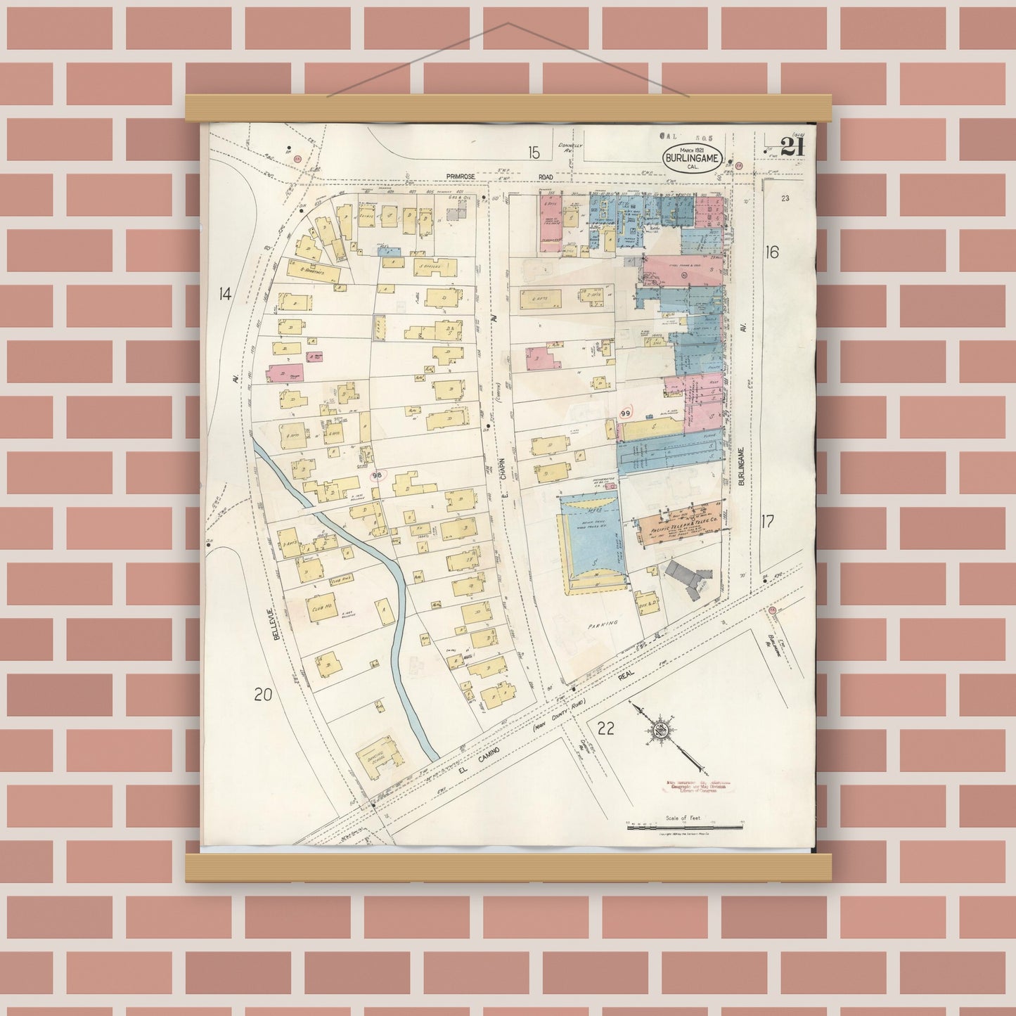 Old map wall art mockup — magnetic wood frame on brick wall — Sanborn Fire Insurance Map from Burlingame, San Mateo County, California (1949), Sheet #0021