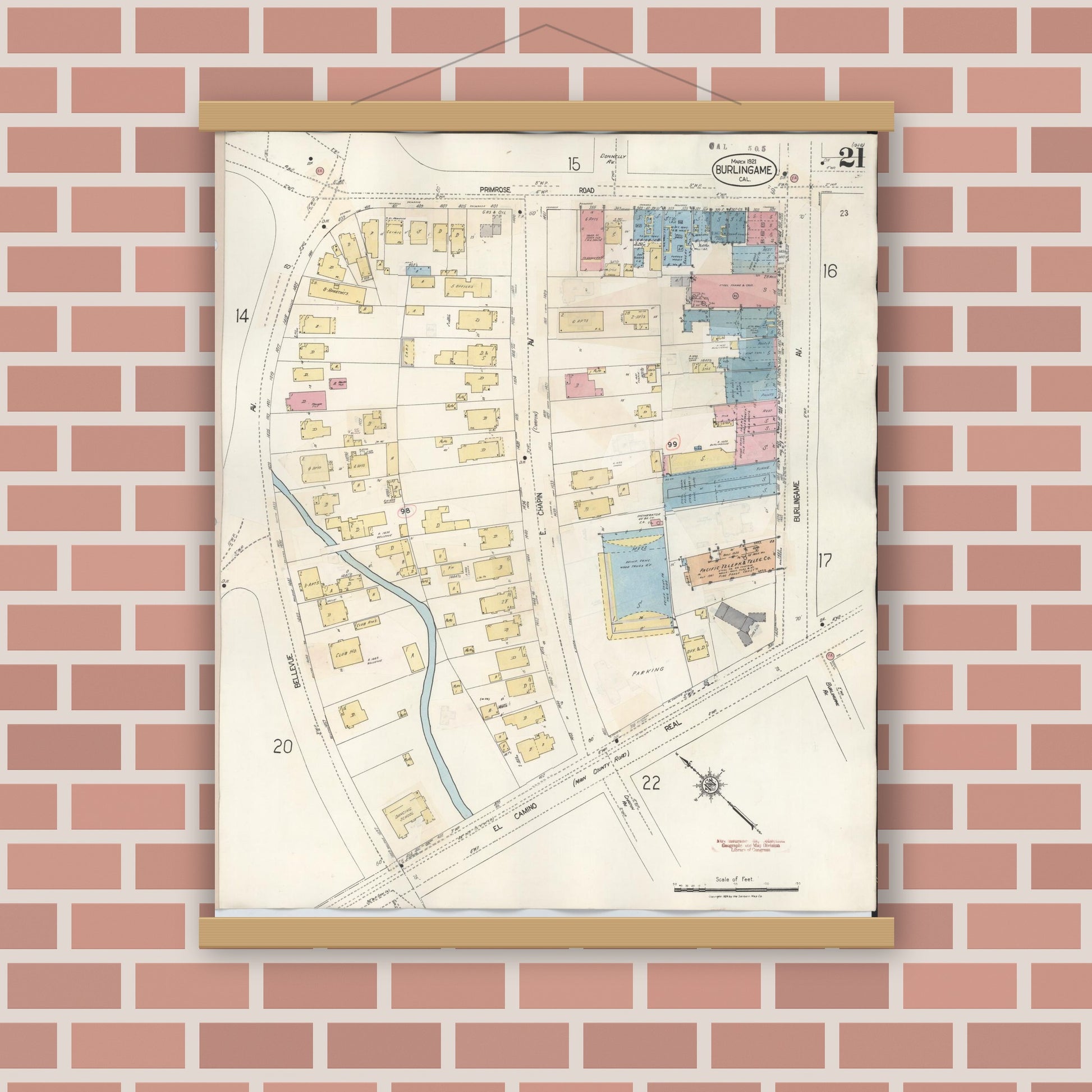 Old map wall art mockup — magnetic wood frame on brick wall — Sanborn Fire Insurance Map from Burlingame, San Mateo County, California (1949), Sheet #0021