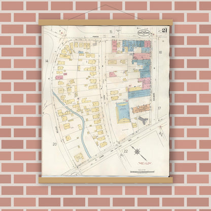 Old map wall art mockup — magnetic wood frame on brick wall — Sanborn Fire Insurance Map from Burlingame, San Mateo County, California (1949), Sheet #0021