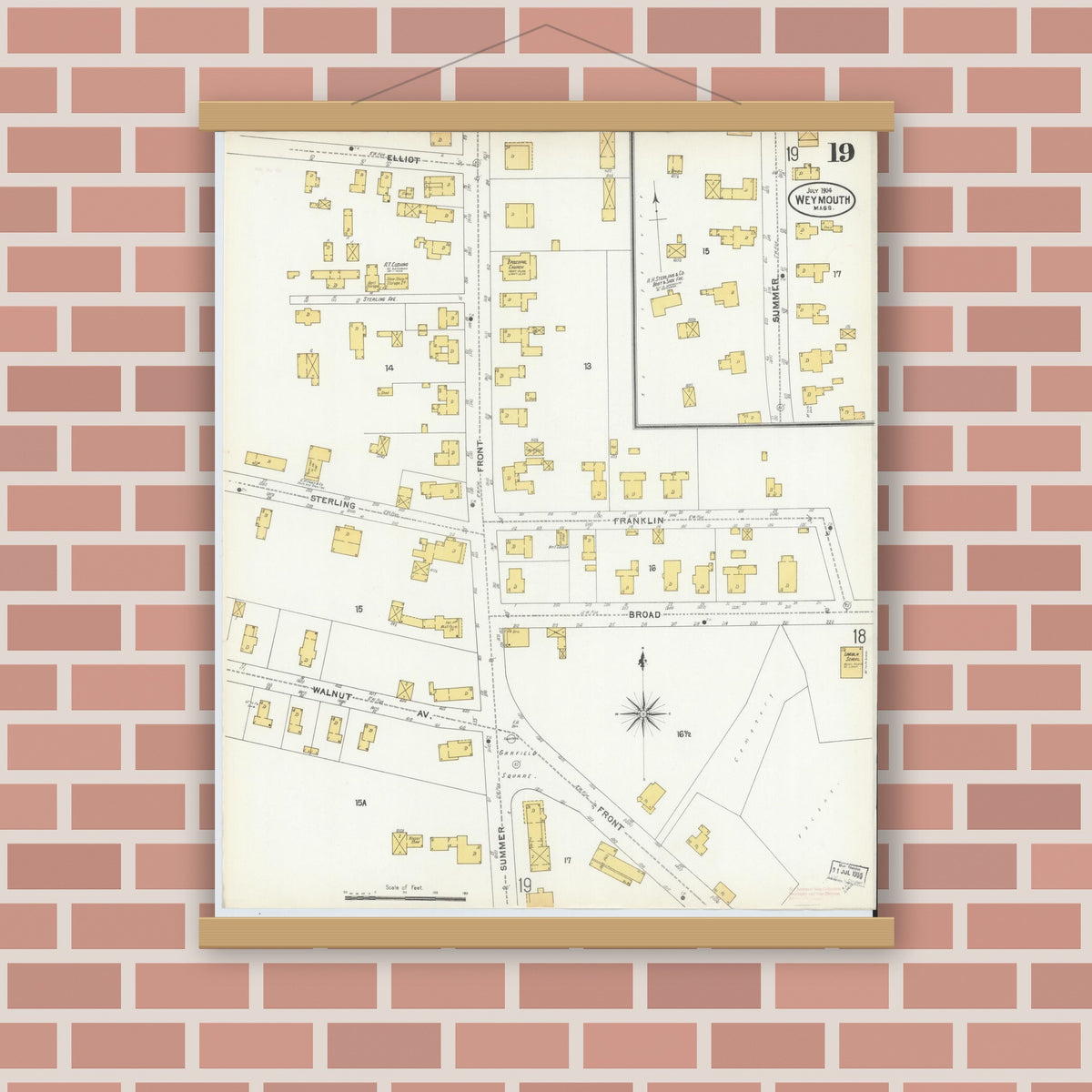 Old map wall art mockup — magnetic wood frame on brick wall — Sanborn Fire Insurance Map from Weymouth, Norfolk County, Massachusetts (1904), Sheet #0019