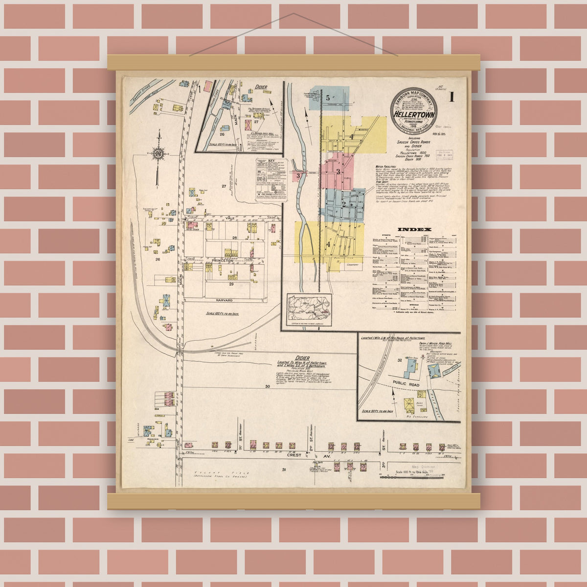 Old map wall art mockup — magnetic wood frame on brick wall — Sanborn Fire Insurance Map from Hellertown, Northampton County, Pennsylvania (1915), Sheet #0001
