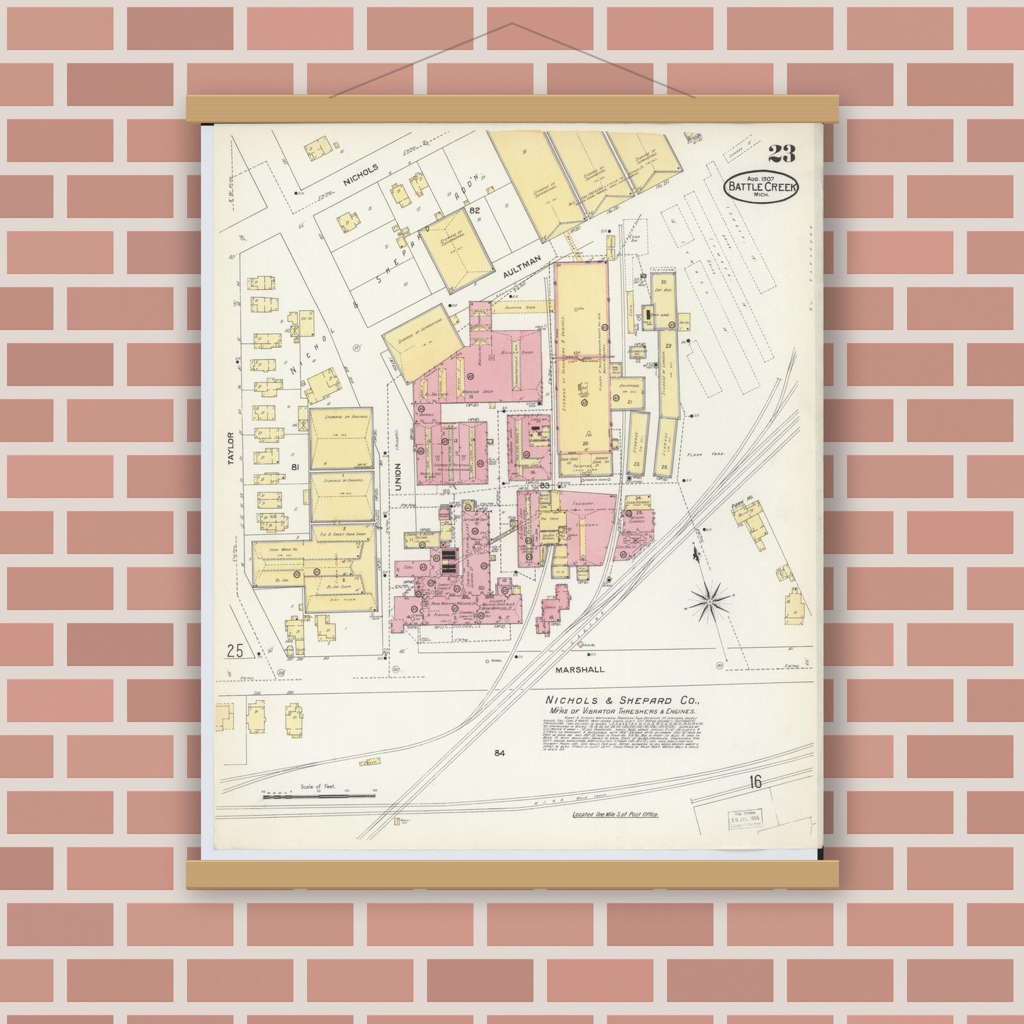 Old map wall art mockup — magnetic wood frame on brick wall — Sanborn Fire Insurance Map from Battle Creek, Calhoun County, Michigan (1907), Sheet #0023