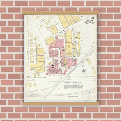 Old map wall art mockup — magnetic wood frame on brick wall — Sanborn Fire Insurance Map from Battle Creek, Calhoun County, Michigan (1907), Sheet #0023