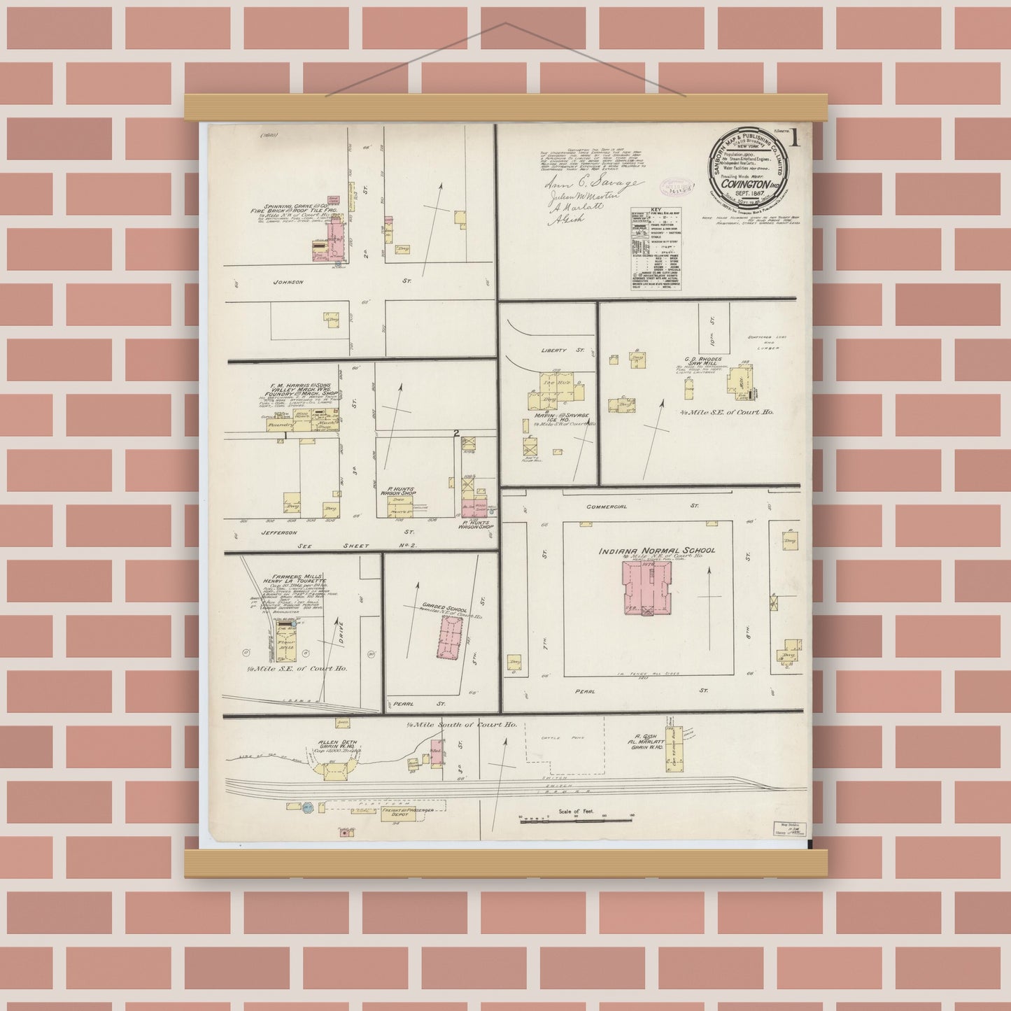 Old map wall art mockup — magnetic wood frame on brick wall — Sanborn Fire Insurance Map from Covington, Fountain County, Indiana (1887) - Complete Map Set