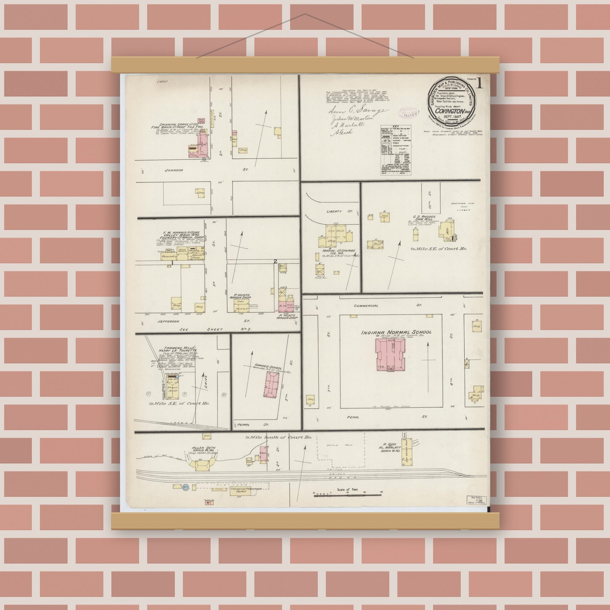 Old map wall art mockup — magnetic wood frame on brick wall — Sanborn Fire Insurance Map from Covington, Fountain County, Indiana (1887) - Complete Map Set