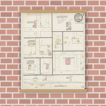 Old map wall art mockup — magnetic wood frame on brick wall — Sanborn Fire Insurance Map from Covington, Fountain County, Indiana (1887) - Complete Map Set