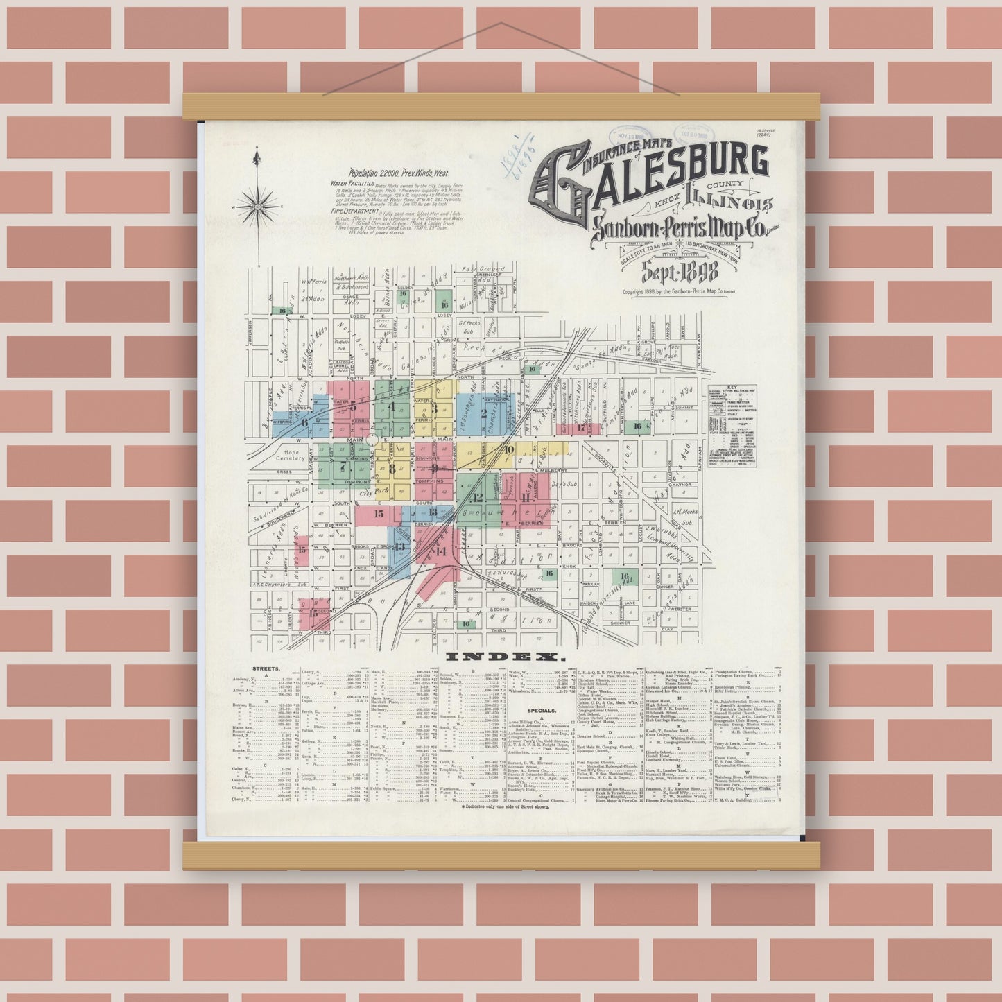 Old map wall art mockup — magnetic wood frame on brick wall — Sanborn Fire Insurance Map from Galesburg, Knox County, Illinois (1898), Sheet #0001