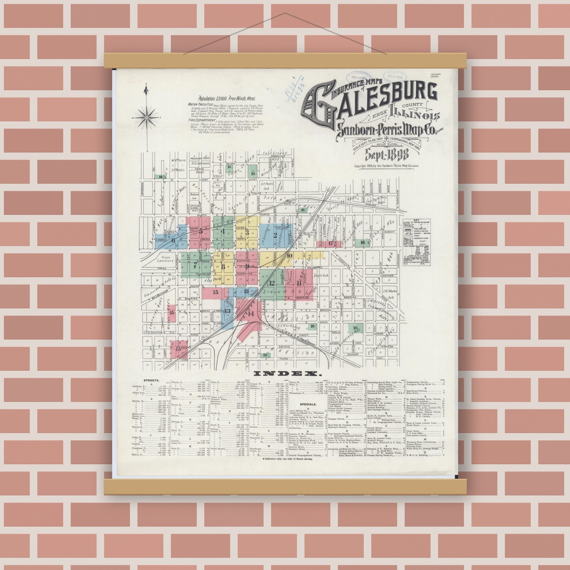 Old map wall art mockup — magnetic wood frame on brick wall — Sanborn Fire Insurance Map from Galesburg, Knox County, Illinois (1898), Sheet #0001