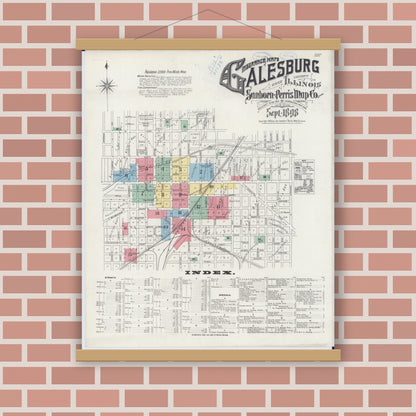 Old map wall art mockup — magnetic wood frame on brick wall — Sanborn Fire Insurance Map from Galesburg, Knox County, Illinois (1898), Sheet #0001