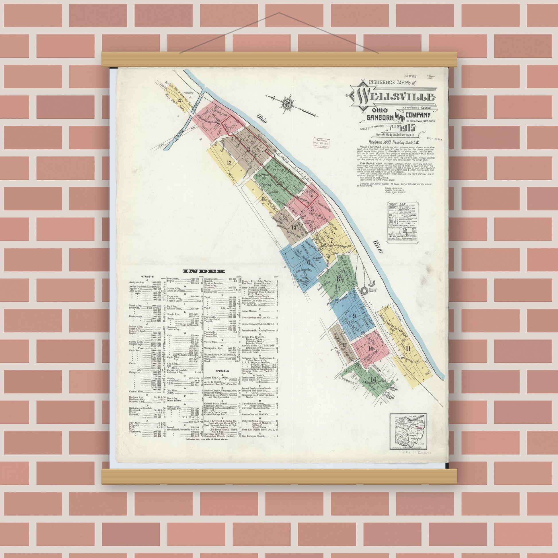 Old map wall art mockup — magnetic wood frame on brick wall — Sanborn Fire Insurance Map from Wellsville, Columbiana County, Ohio (1915), Sheet #0001