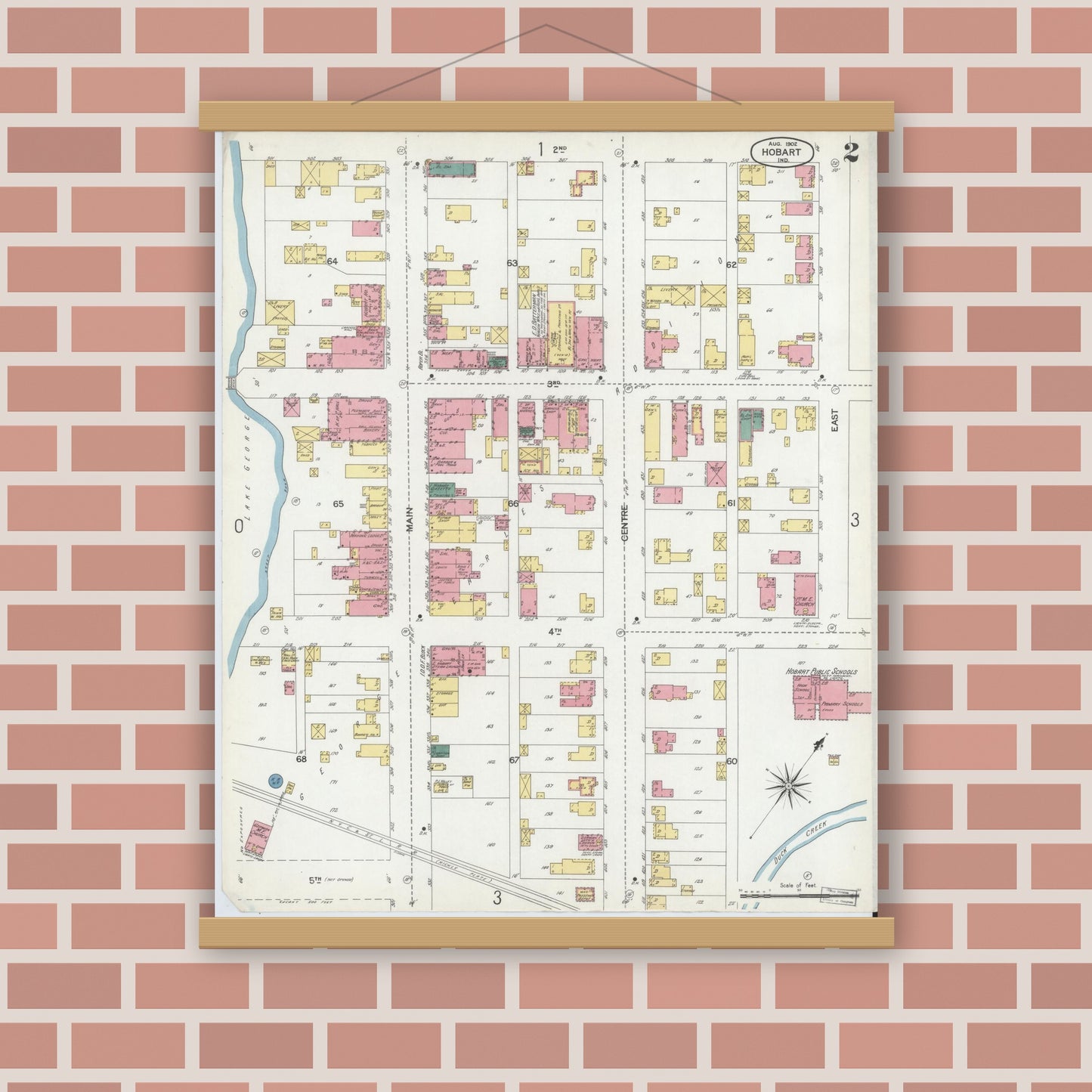 Old map wall art mockup — magnetic wood frame on brick wall — Sanborn Fire Insurance Map from Hobart, Lake County, Indiana (1902), Sheet #0002