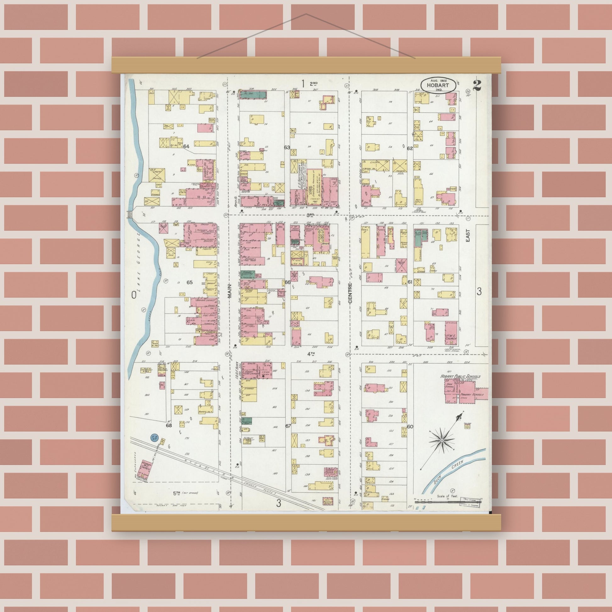 Old map wall art mockup — magnetic wood frame on brick wall — Sanborn Fire Insurance Map from Hobart, Lake County, Indiana (1902), Sheet #0002