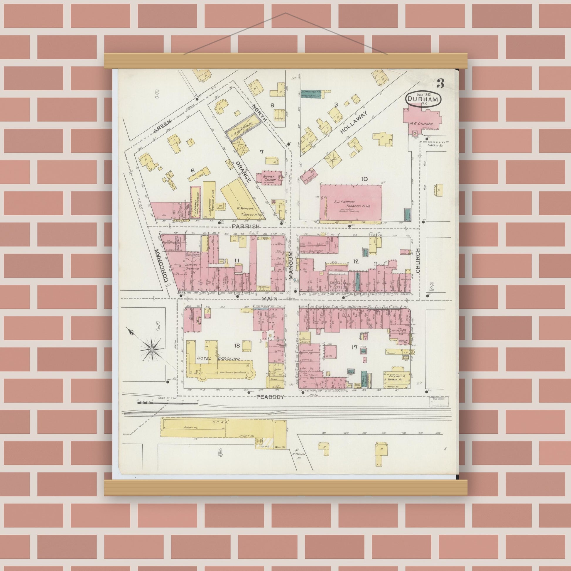 Old map wall art mockup — magnetic wood frame on brick wall — Sanborn Fire Insurance Map from Durham, Durham County, North Carolina (1893), Sheet #0003