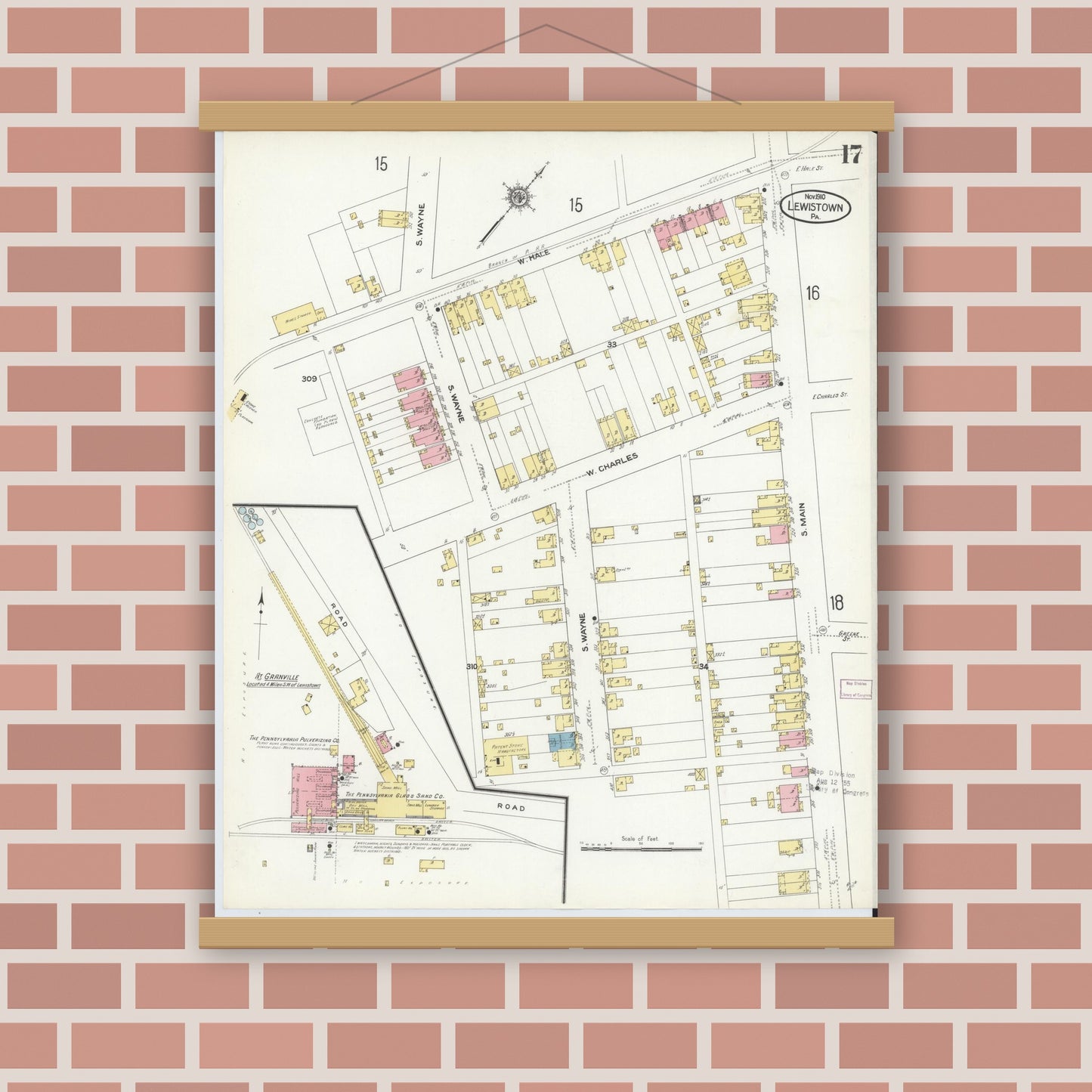Old map wall art mockup — magnetic wood frame on brick wall — Sanborn Fire Insurance Map from Lewistown, Mifflin County, Pennsylvania (1910), Sheet #0017