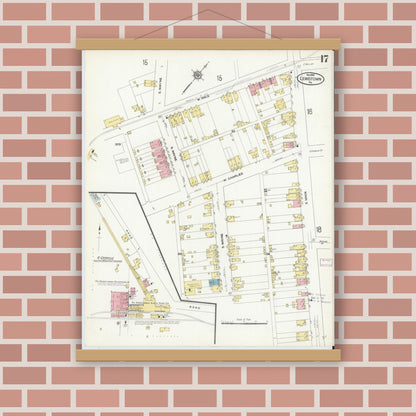 Old map wall art mockup — magnetic wood frame on brick wall — Sanborn Fire Insurance Map from Lewistown, Mifflin County, Pennsylvania (1910), Sheet #0017