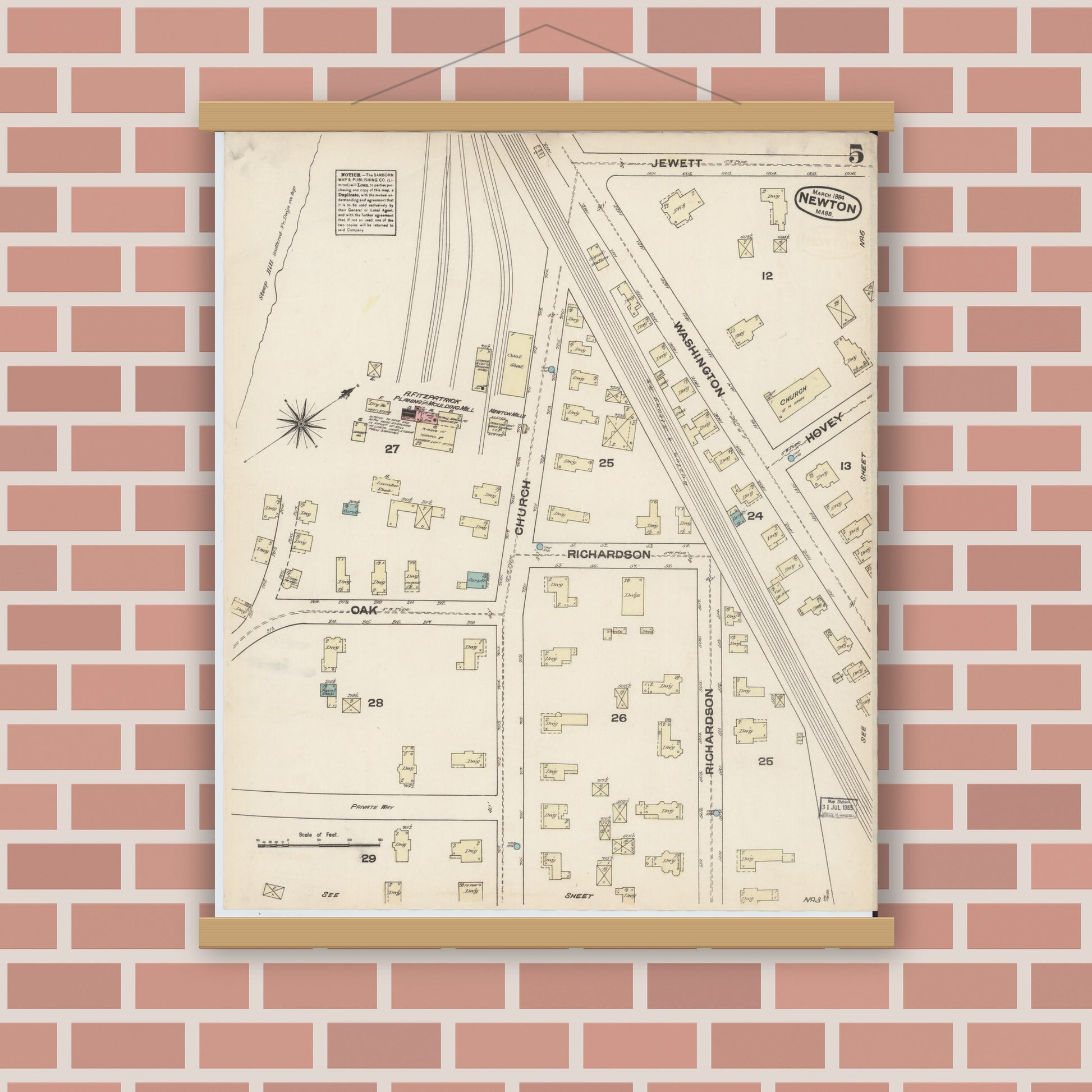 Old map wall art mockup — magnetic wood frame on brick wall — Sanborn Fire Insurance Map from Newton, Middlesex County, Massachusetts (1884), Sheet #0005