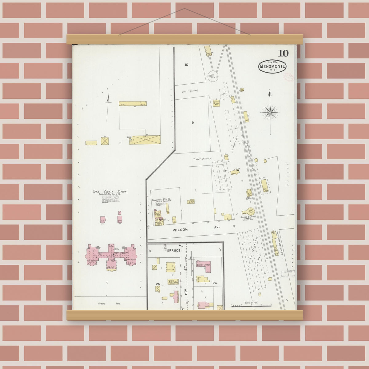 Old map wall art mockup — magnetic wood frame on brick wall — Sanborn Fire Insurance Map from Menomonie, Dunn County, Wisconsin (1894), Sheet #0010