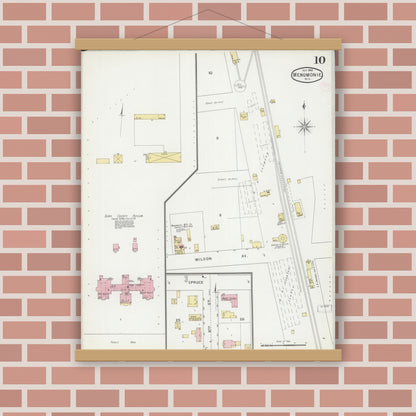 Old map wall art mockup — magnetic wood frame on brick wall — Sanborn Fire Insurance Map from Menomonie, Dunn County, Wisconsin (1894), Sheet #0010
