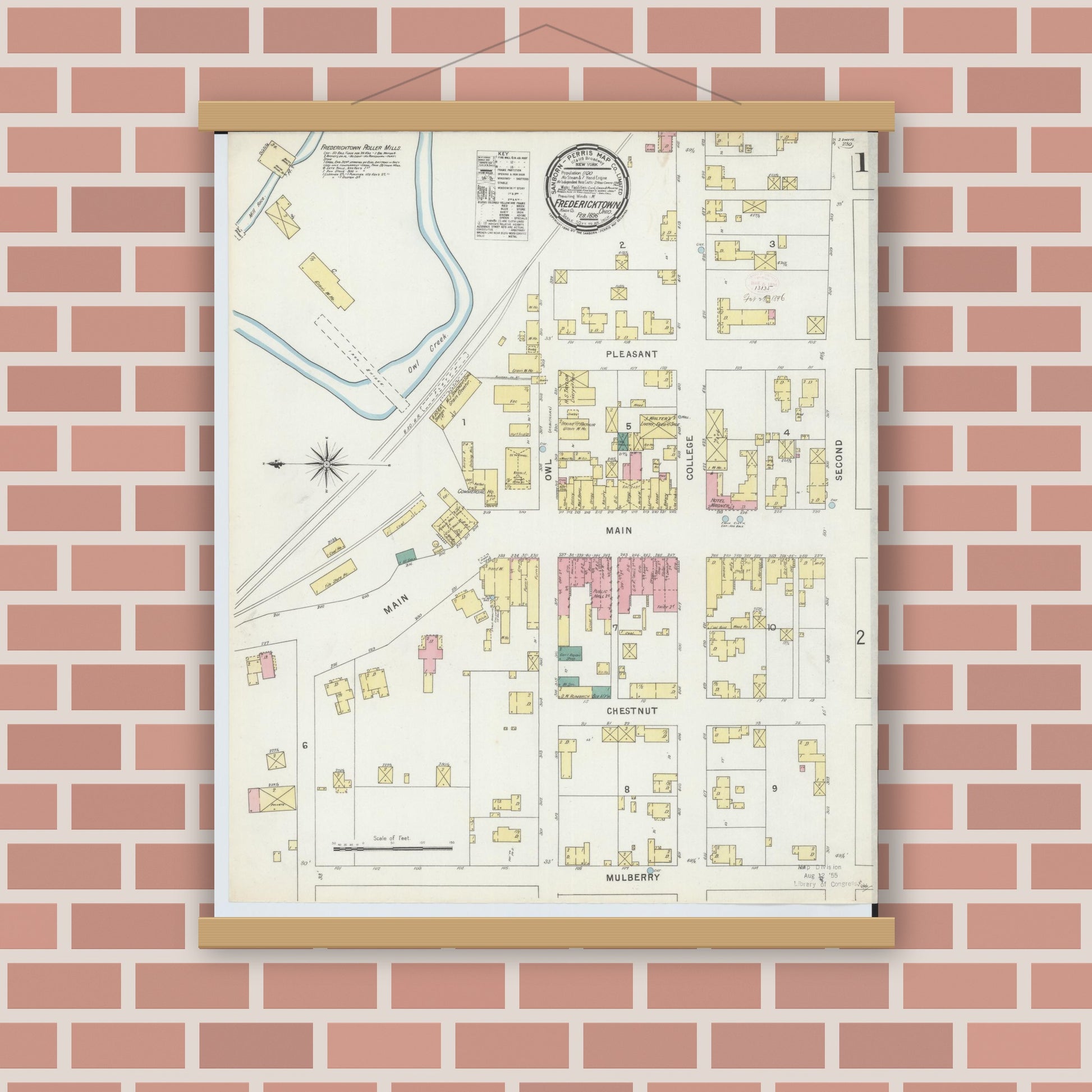 Old map wall art mockup — magnetic wood frame on brick wall — Sanborn Fire Insurance Map from Fredericktown, Knox County, Ohio (1896) - Complete Map Set