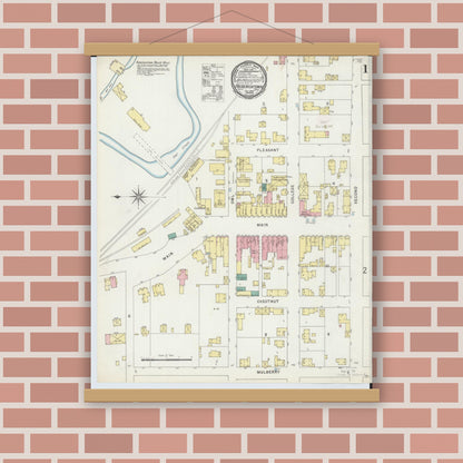 Old map wall art mockup — magnetic wood frame on brick wall — Sanborn Fire Insurance Map from Fredericktown, Knox County, Ohio (1896) - Complete Map Set