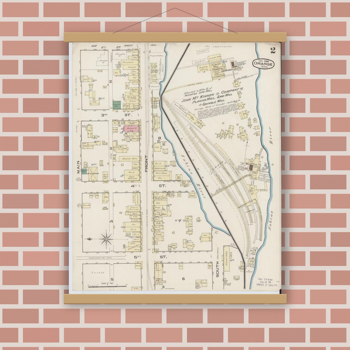 Old map wall art mockup — magnetic wood frame on brick wall — Sanborn Fire Insurance Map from Orange, Orange County, Texas (1885), Sheet #0002