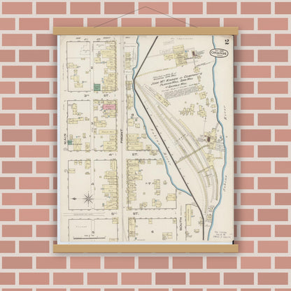 Old map wall art mockup — magnetic wood frame on brick wall — Sanborn Fire Insurance Map from Orange, Orange County, Texas (1885), Sheet #0002