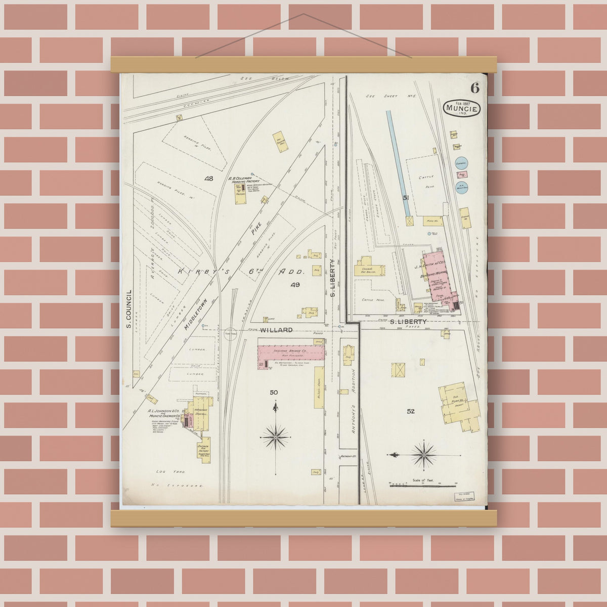 Old map wall art mockup — magnetic wood frame on brick wall — Sanborn Fire Insurance Map from Muncie, Delaware County, Indiana (1887), Sheet #0006