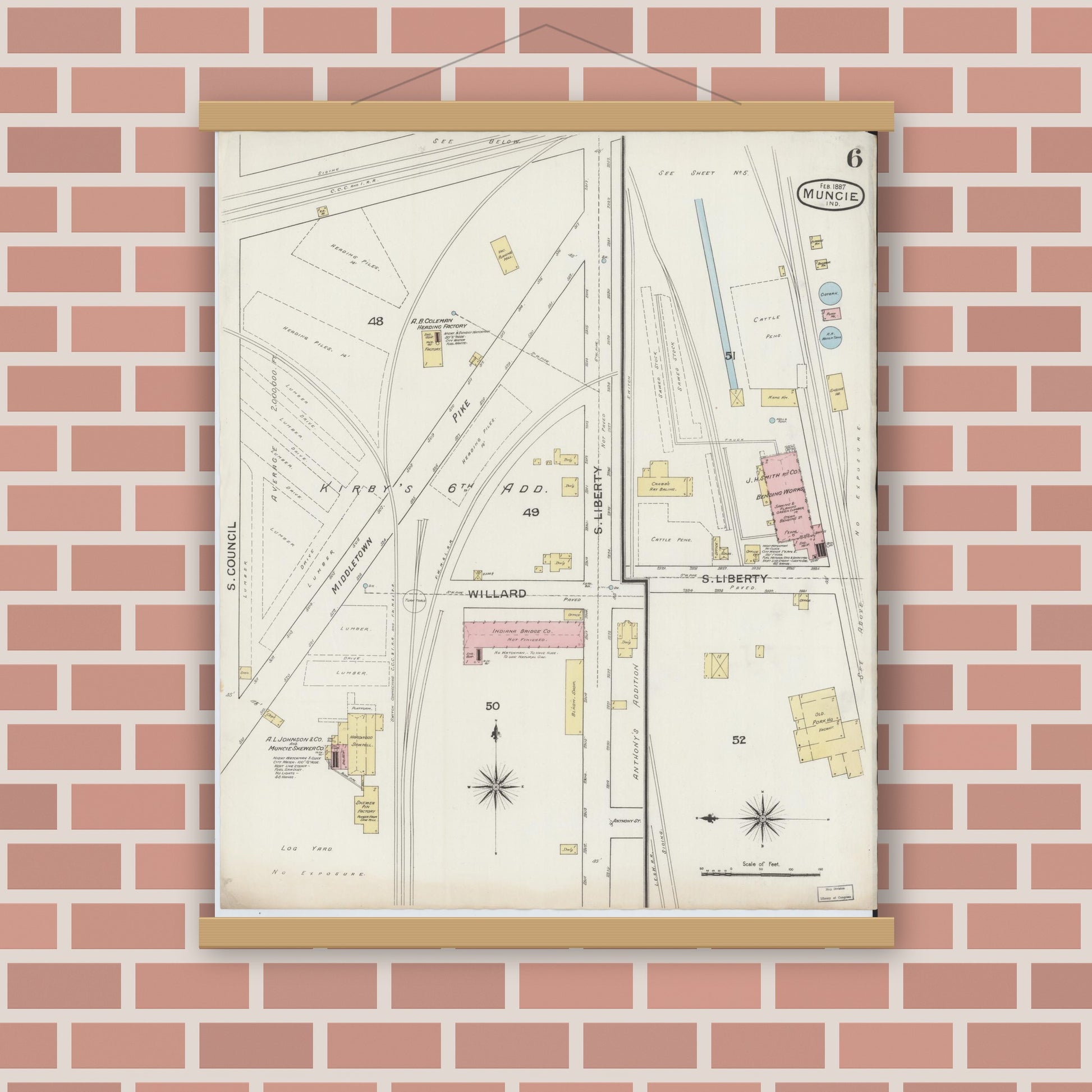 Old map wall art mockup — magnetic wood frame on brick wall — Sanborn Fire Insurance Map from Muncie, Delaware County, Indiana (1887), Sheet #0006