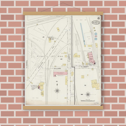 Old map wall art mockup — magnetic wood frame on brick wall — Sanborn Fire Insurance Map from Muncie, Delaware County, Indiana (1887), Sheet #0006