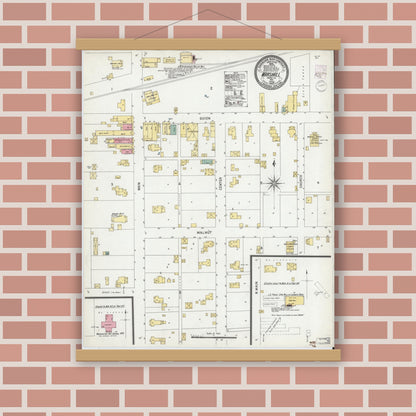 Old map wall art mockup — magnetic wood frame on brick wall — Sanborn Fire Insurance Map from Marshall, Parke County, Indiana (1902), Sheet #0001