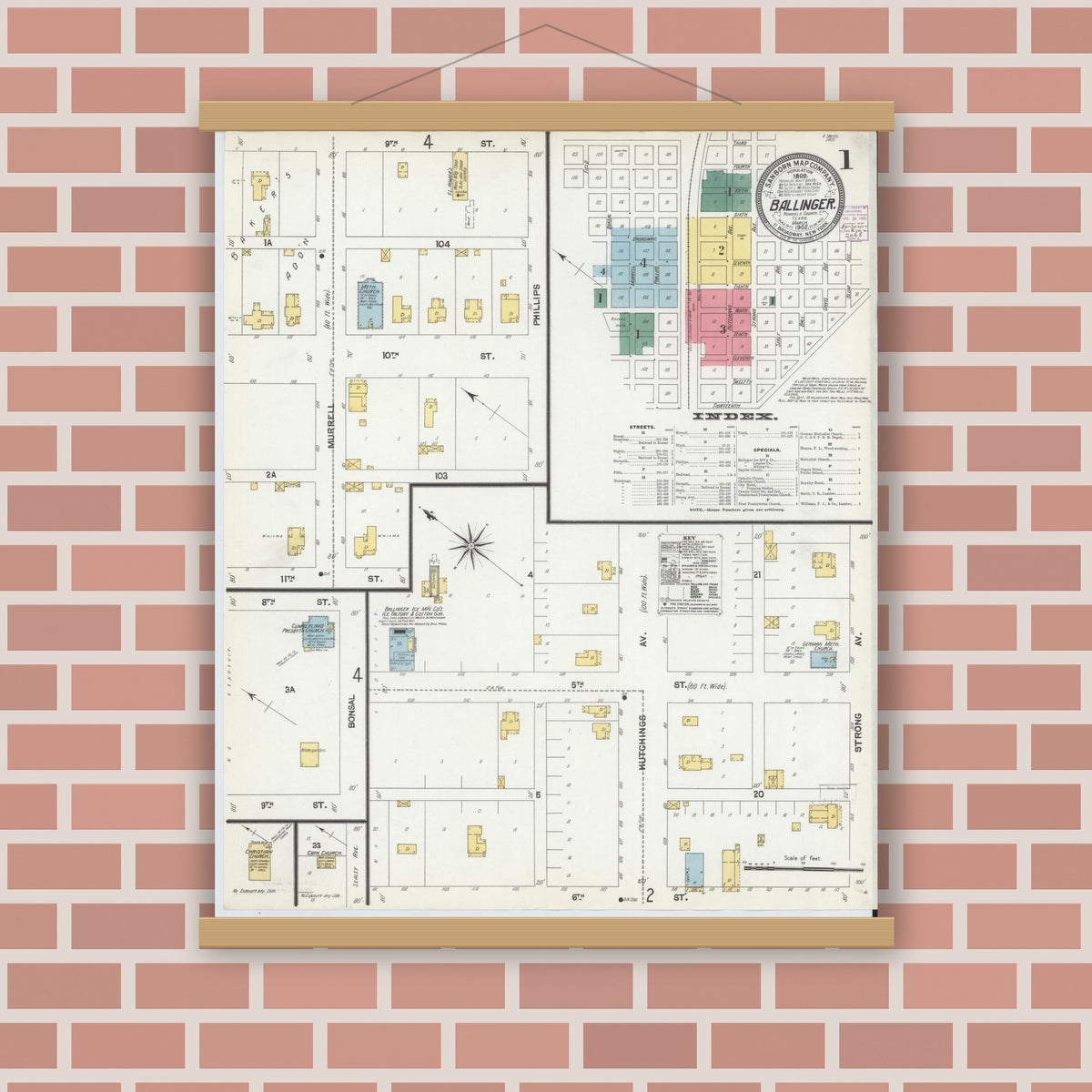 Old map wall art mockup — magnetic wood frame on brick wall — Sanborn Fire Insurance Map from Ballinger, Runnels County, Texas (1902) - Complete Map Set