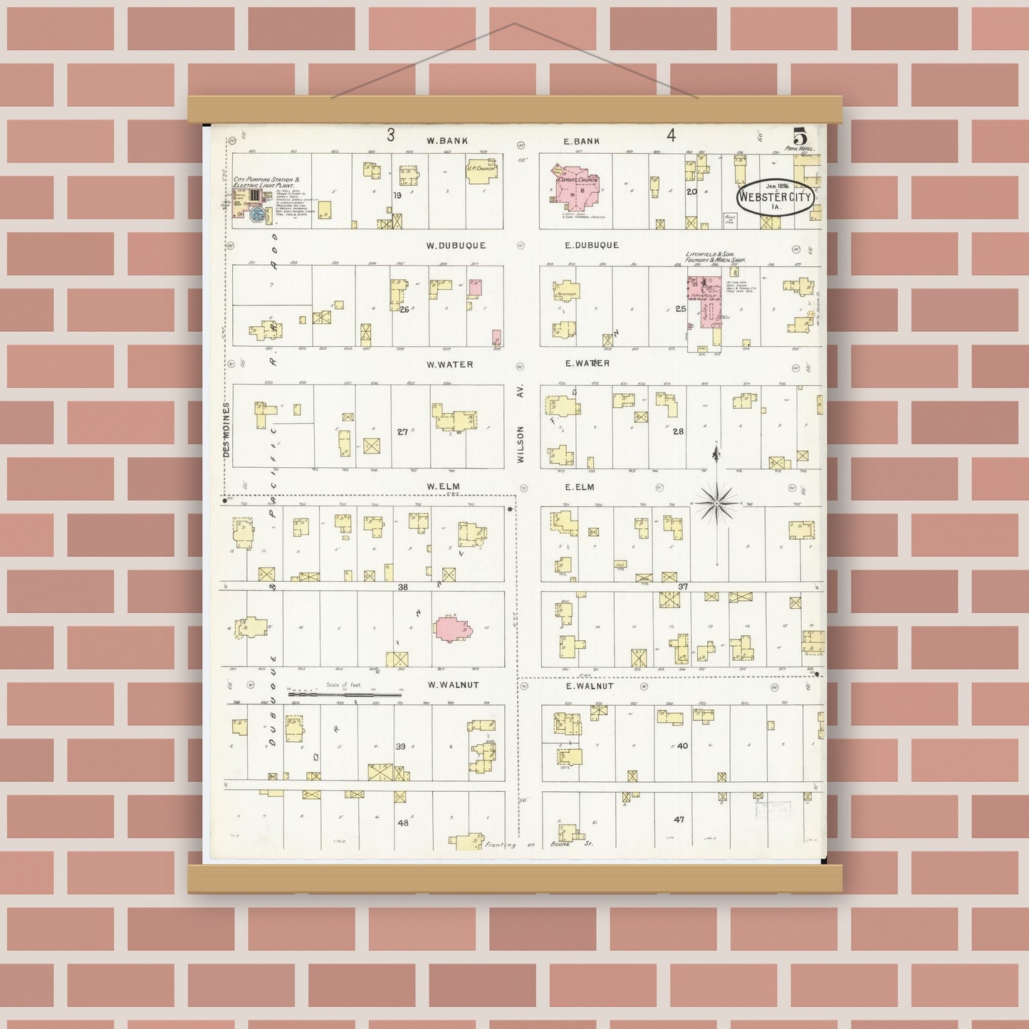 Old map wall art mockup — magnetic wood frame on brick wall — Sanborn Fire Insurance Map from Webster City, Hamilton County, Iowa (1896), Sheet #0005