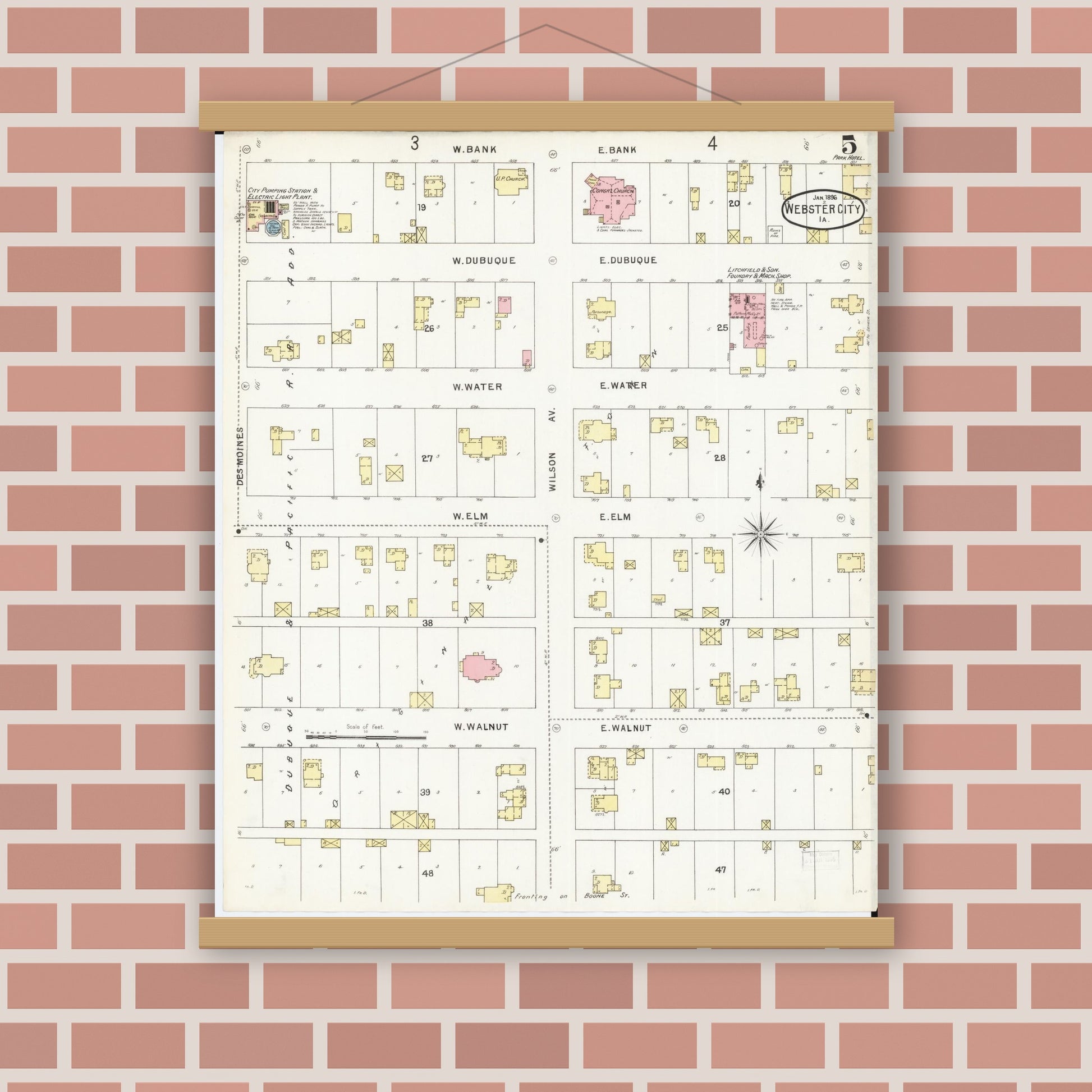 Old map wall art mockup — magnetic wood frame on brick wall — Sanborn Fire Insurance Map from Webster City, Hamilton County, Iowa (1896), Sheet #0005