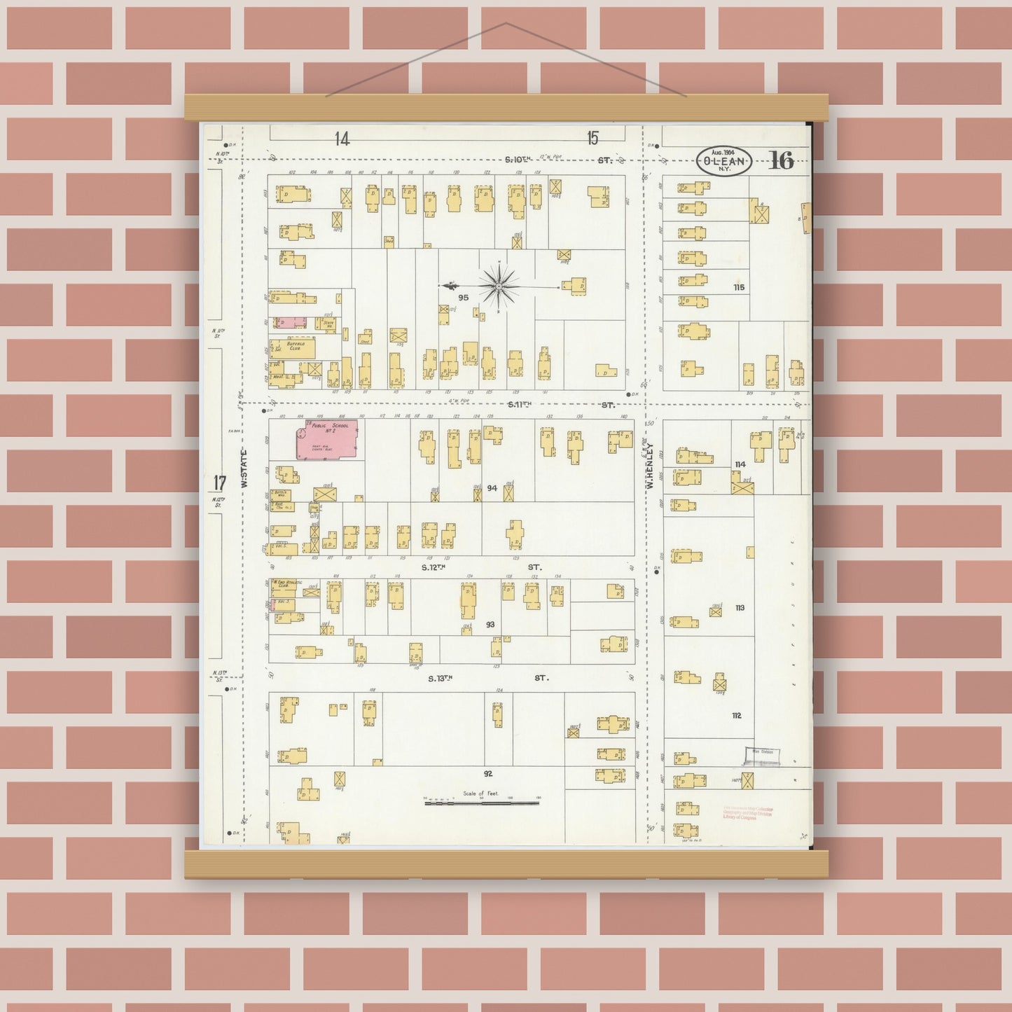 Old map wall art mockup — magnetic wood frame on brick wall — Sanborn Fire Insurance Map from Olean, Cattaraugus County, New York (1904), Sheet #0016