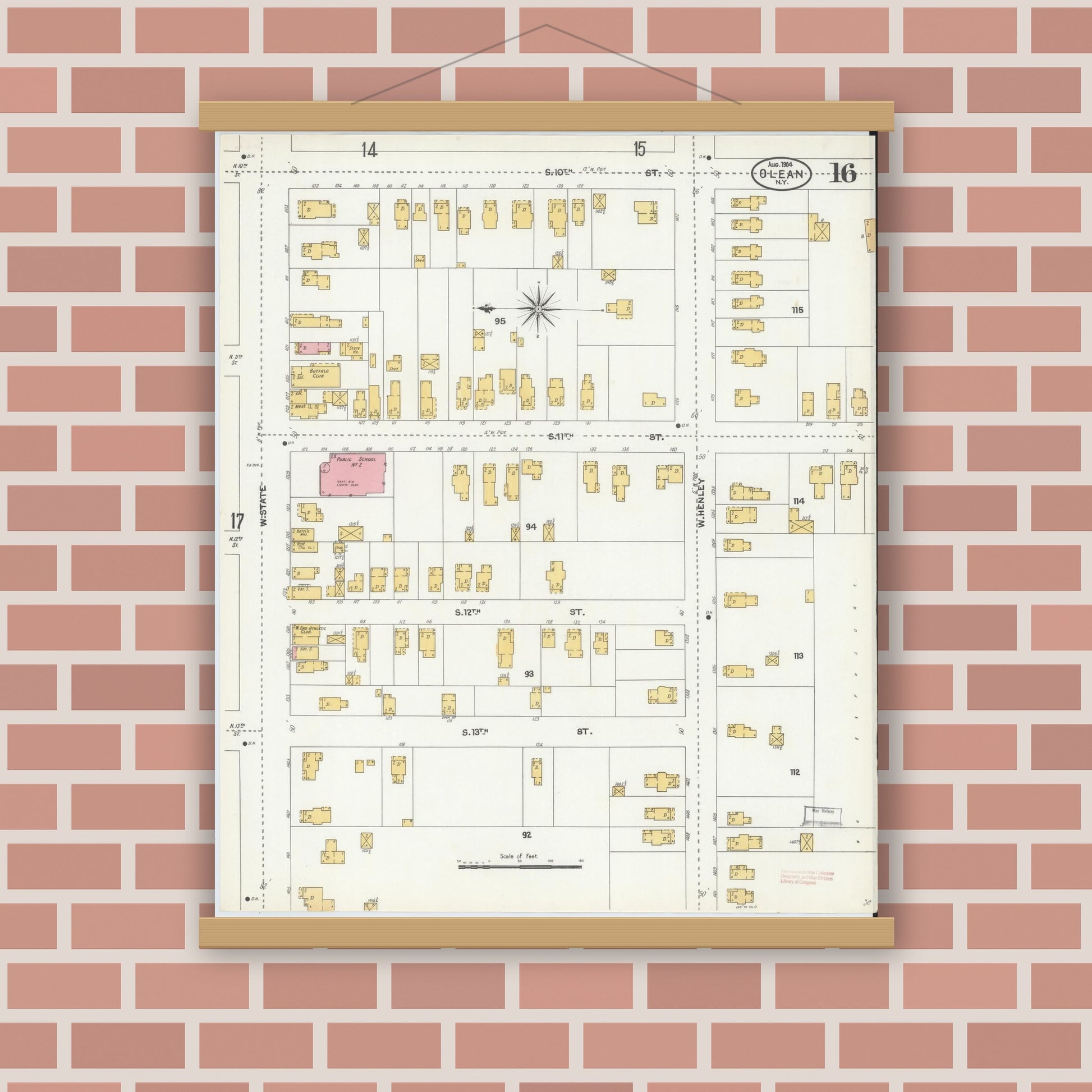 Old map wall art mockup — magnetic wood frame on brick wall — Sanborn Fire Insurance Map from Olean, Cattaraugus County, New York (1904), Sheet #0016