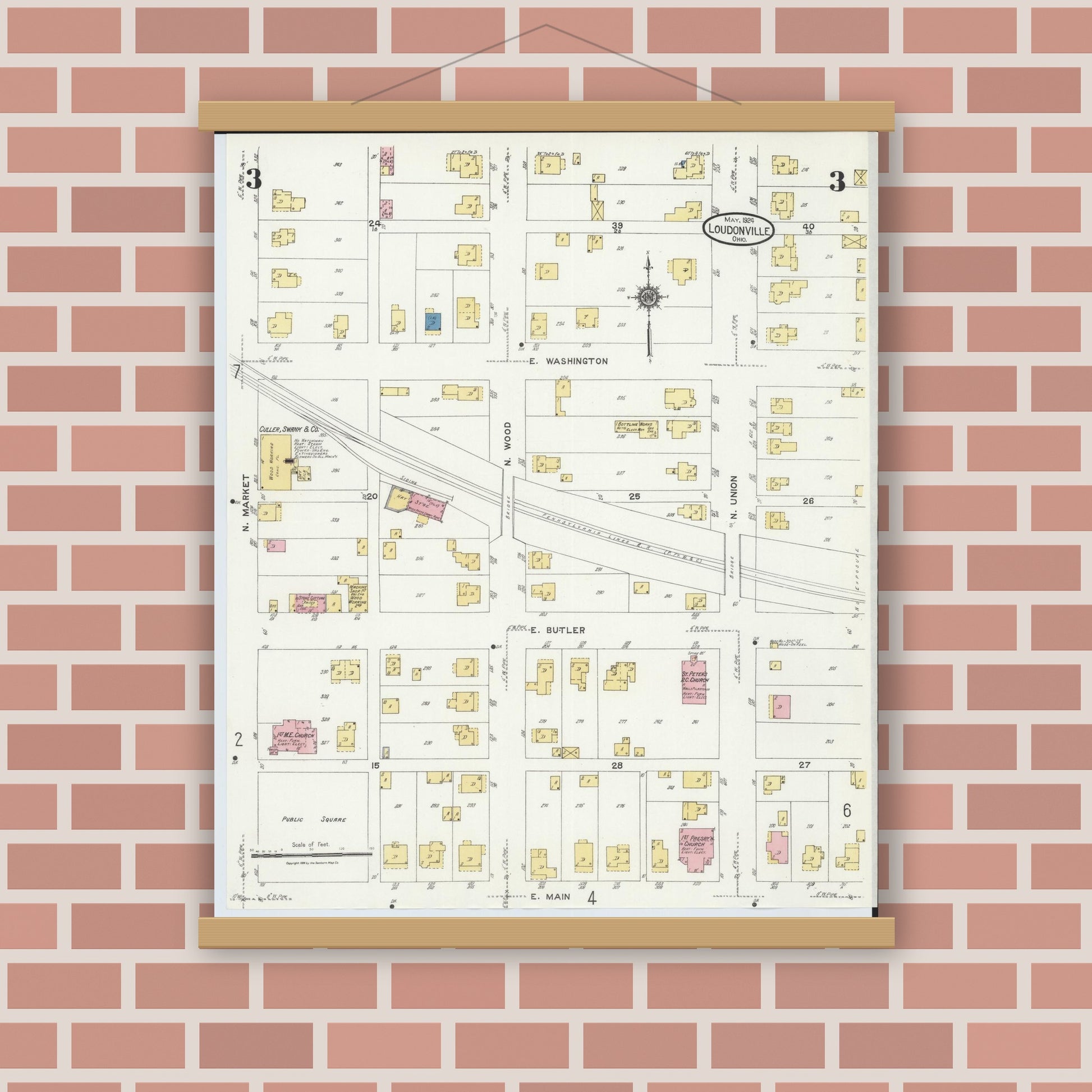 Old map wall art mockup — magnetic wood frame on brick wall — Sanborn Fire Insurance Map from Loudonville, Ashland County, Ohio (1924), Sheet #0003