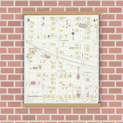 Old map wall art mockup — magnetic wood frame on brick wall — Sanborn Fire Insurance Map from Loudonville, Ashland County, Ohio (1924), Sheet #0003